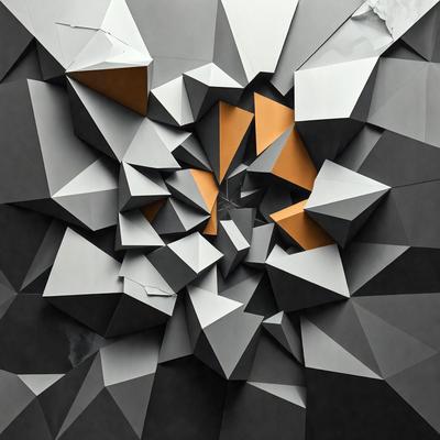 The primary subject of the image is a large, intricate, and colorful sculpture made of geometric shapes. The sculpture is displayed on a black surface, which contrasts with the vibrant colors of the shapes. The visual style of the image is a combination of digital art and illustration, creating a unique and captivating piece of art. The dominant colors in the sculpture are orange and yellow, which add a warm and lively atmosphere to the scene.